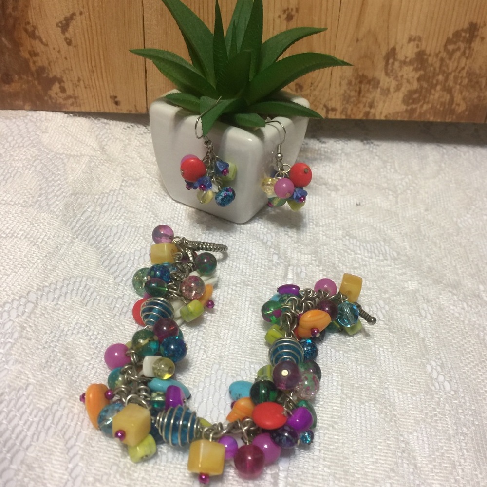 Multicolor beaded boho style bracelet & earrings